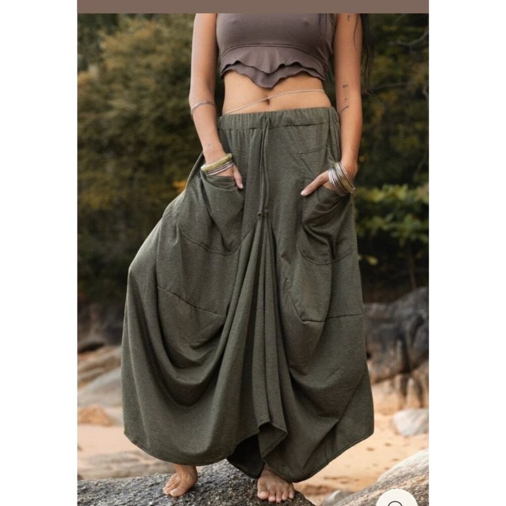 Thaluta Olive Green Draped Maxi Skirt with Pockets